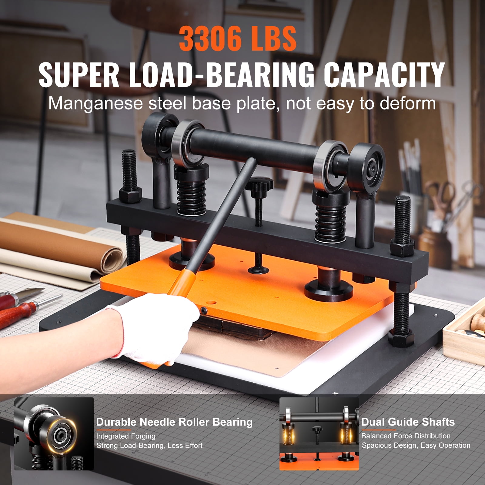 VEVOR Leather Cutting Machine, 14.2 x 10.2 in Embossing Plate Manual Die Cutter, 0.47 in Pressure Stroke Dual Guide Shafts Die Cut Machine, Leather Embossing Machine for Various of Materials