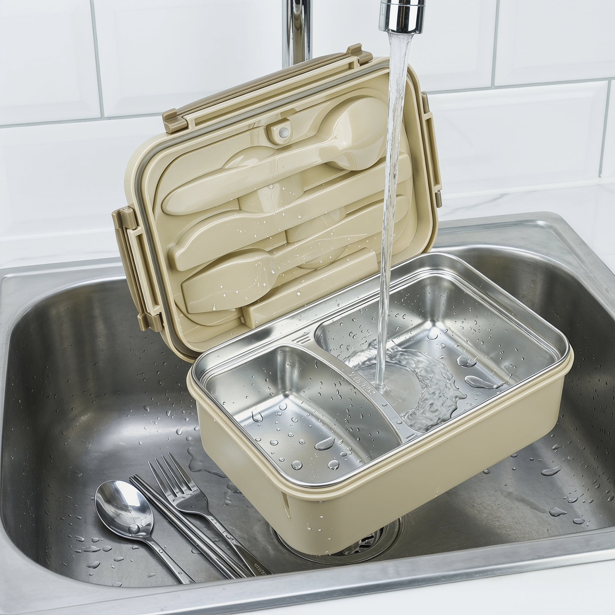 Unique Bargains 3-Compartment Leak-Proof  Lunch Bento Box with Utensils Khaki-2