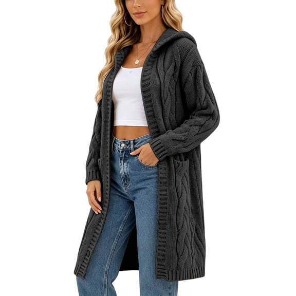 Edvintorg Winter Cardigan Sweaters for Women 2026 Knit Open Front Hooded Long Sweater Long Sleeve Cardigans with Pockets Plus Size