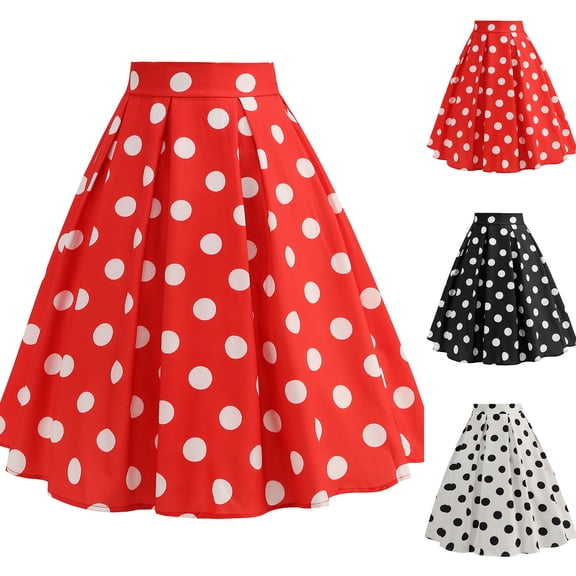 ZQUUVOU Polka Dot Skirt for Women Pleated Vintage Printed Midi Skirt Casual Flare Long Skirt Button Party Swing Skirts Black