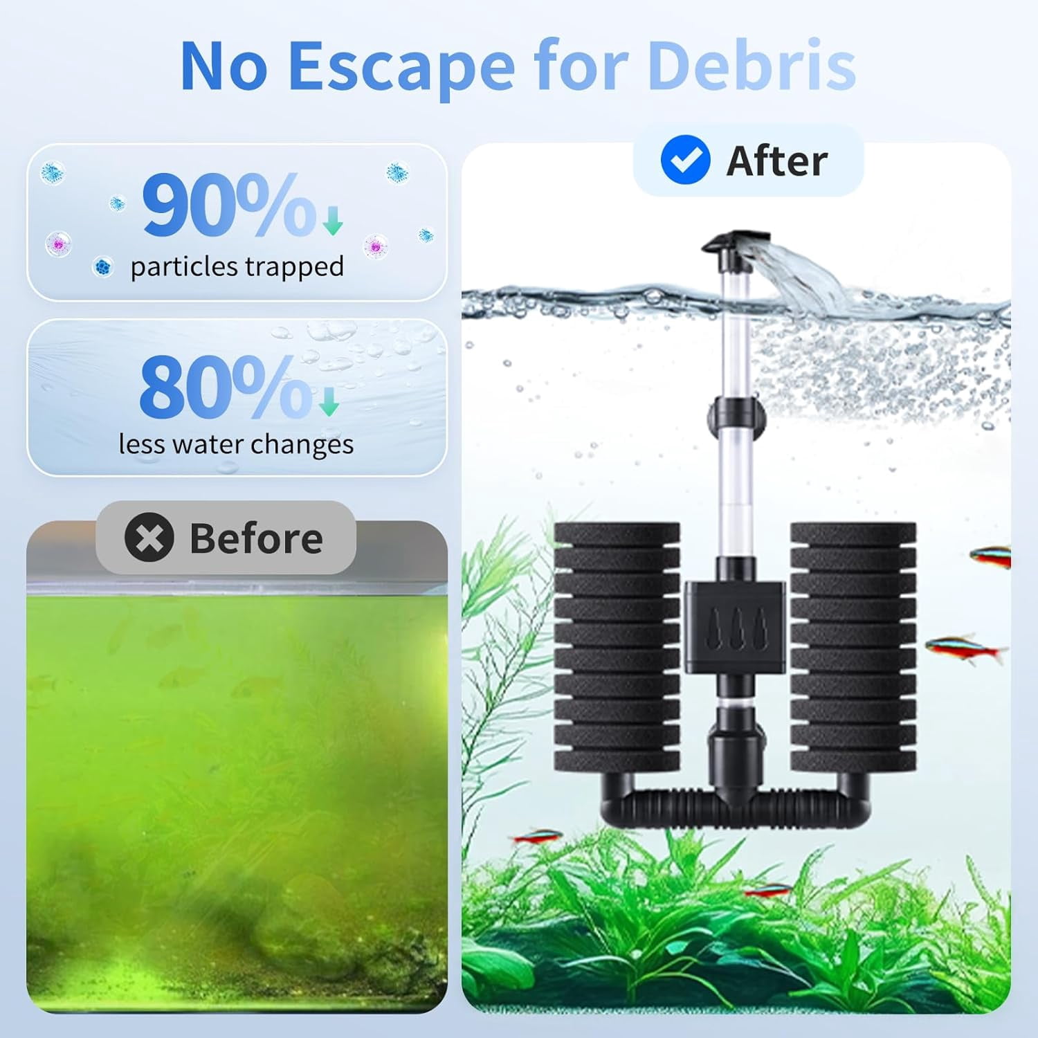 Aquarium Filter Submersible Internal Power Filter with Multi-Stage Filtration for Freshwater & Saltwater Fish Tanks, Quiet Electric Pump for 10-40 Gallon (110V/60Hz)
