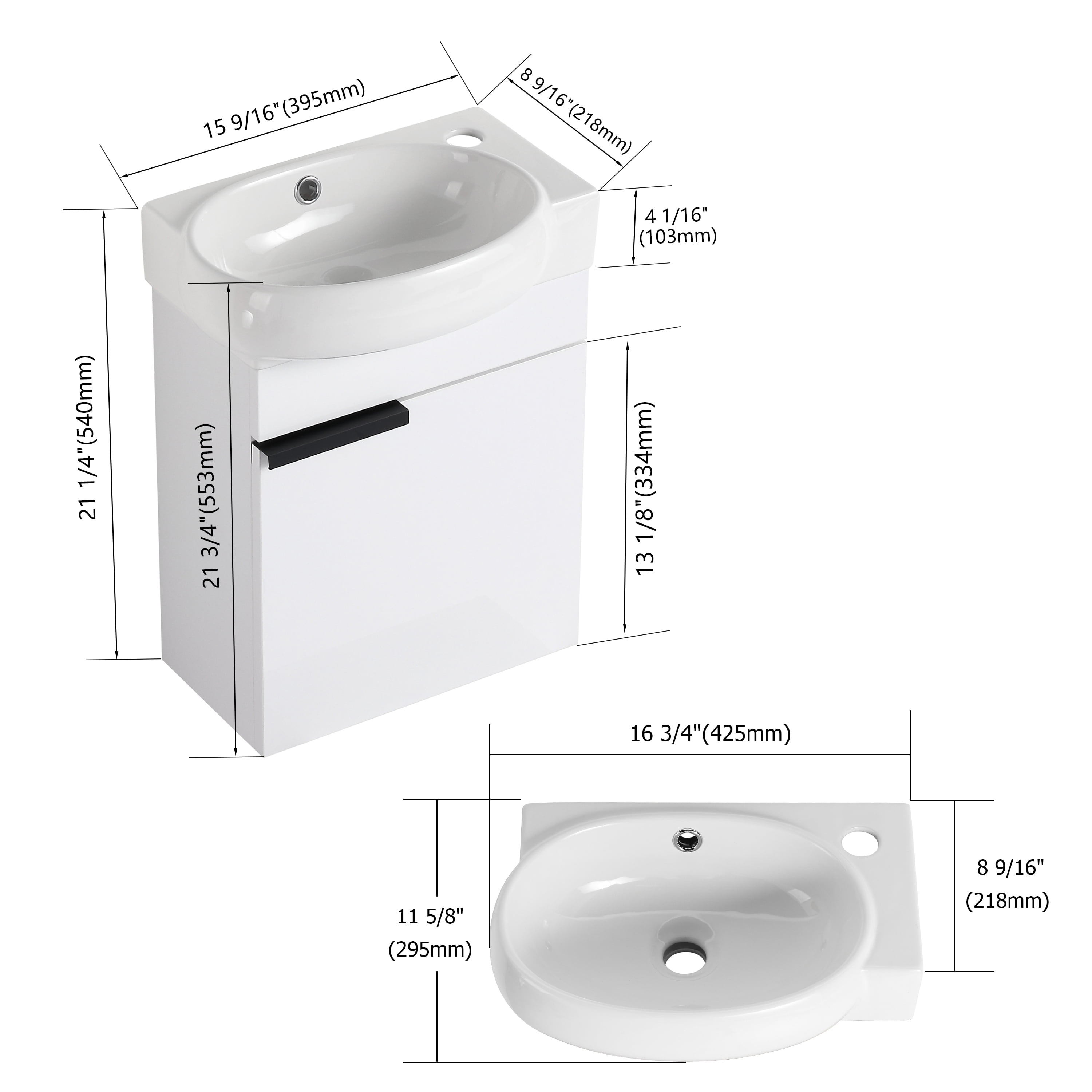 Aukfa 16" Wall Mounted Bathroom Vanity with Sink, Compact Floating Cabinet Vanity for Small Bathroom, Eco-Friendly Plywood Cabinet,White
