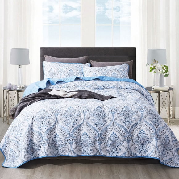 Juego de colcha reversible de algodón NEWLAKE tamaño twin azul