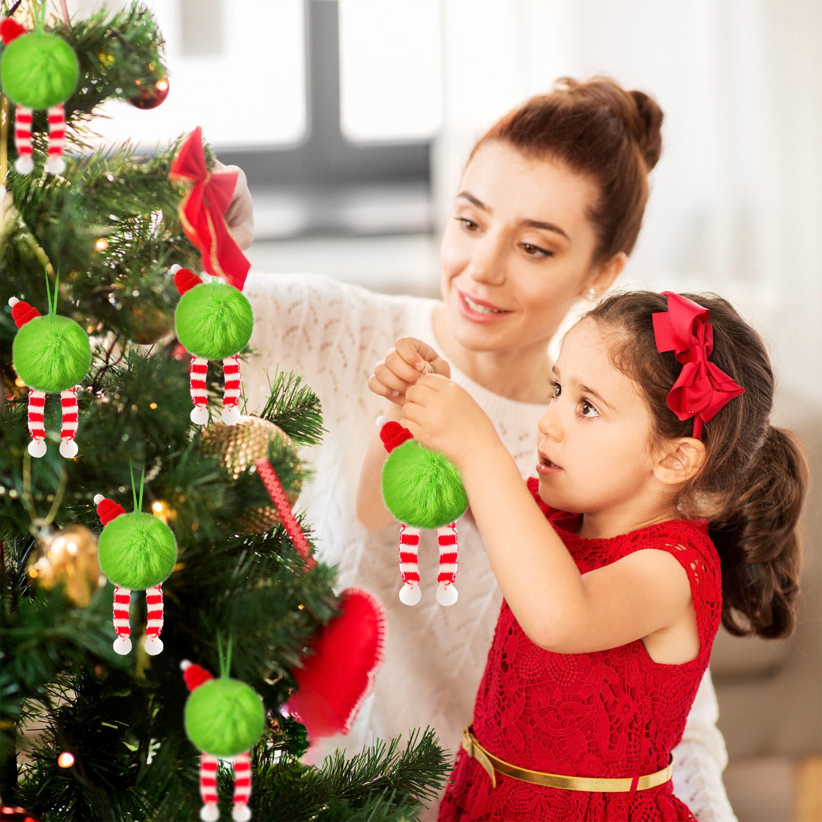 24 Pcs Christmas Ornaments 2 Inch Pom Pom Ball Hanging Decoration Fuzzy Fluffy Christmas Ornaments for Xmas Tree Home DIY Craft Party Decor