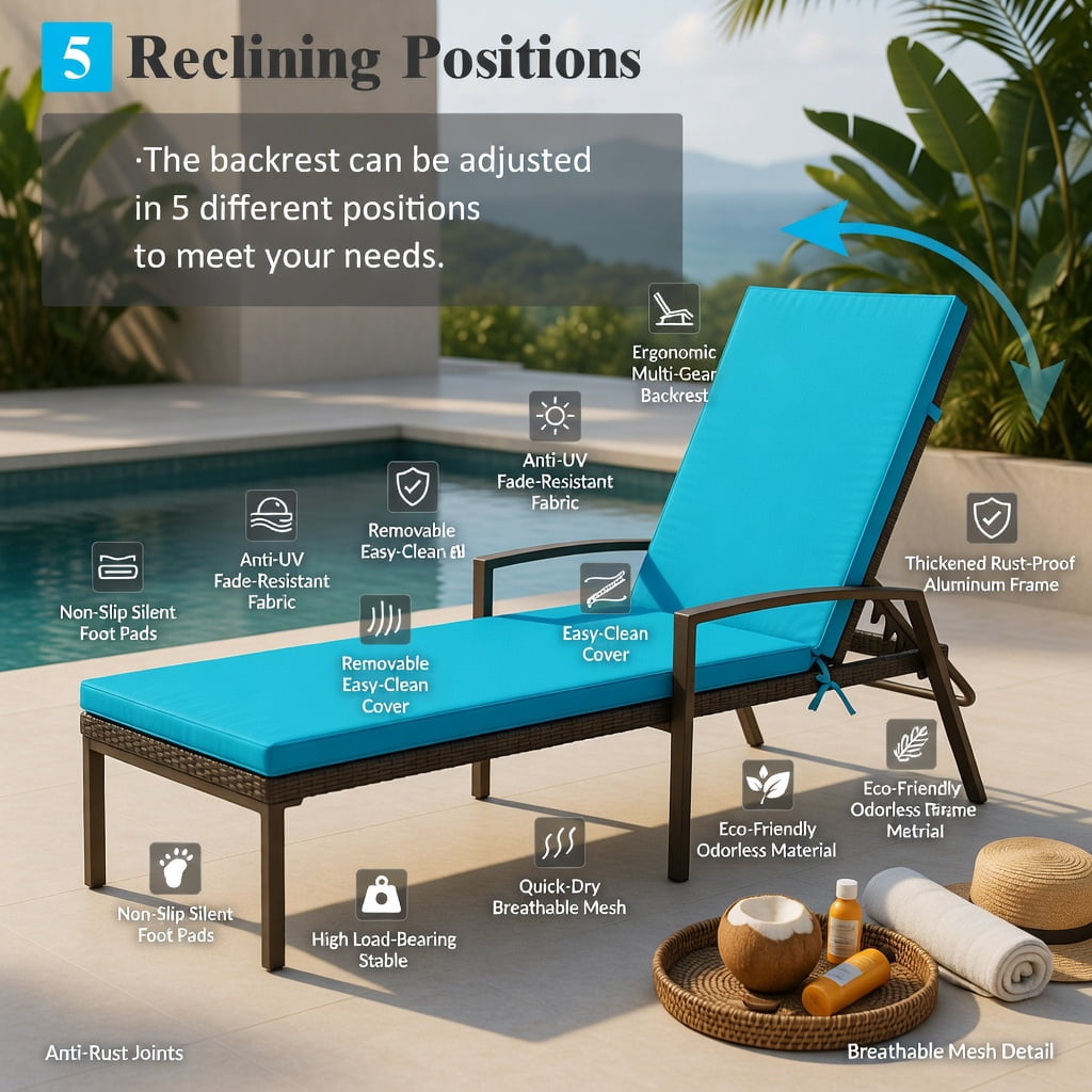 Hommoo Adjustable Outdoor Rattan Chaise Lounge Chair with Removable Cushion, Steel Frame, Weather-Resistant PE Wicker, 5-Position Reclining Backrest for Patio, Deck or Poolside, Turquoise