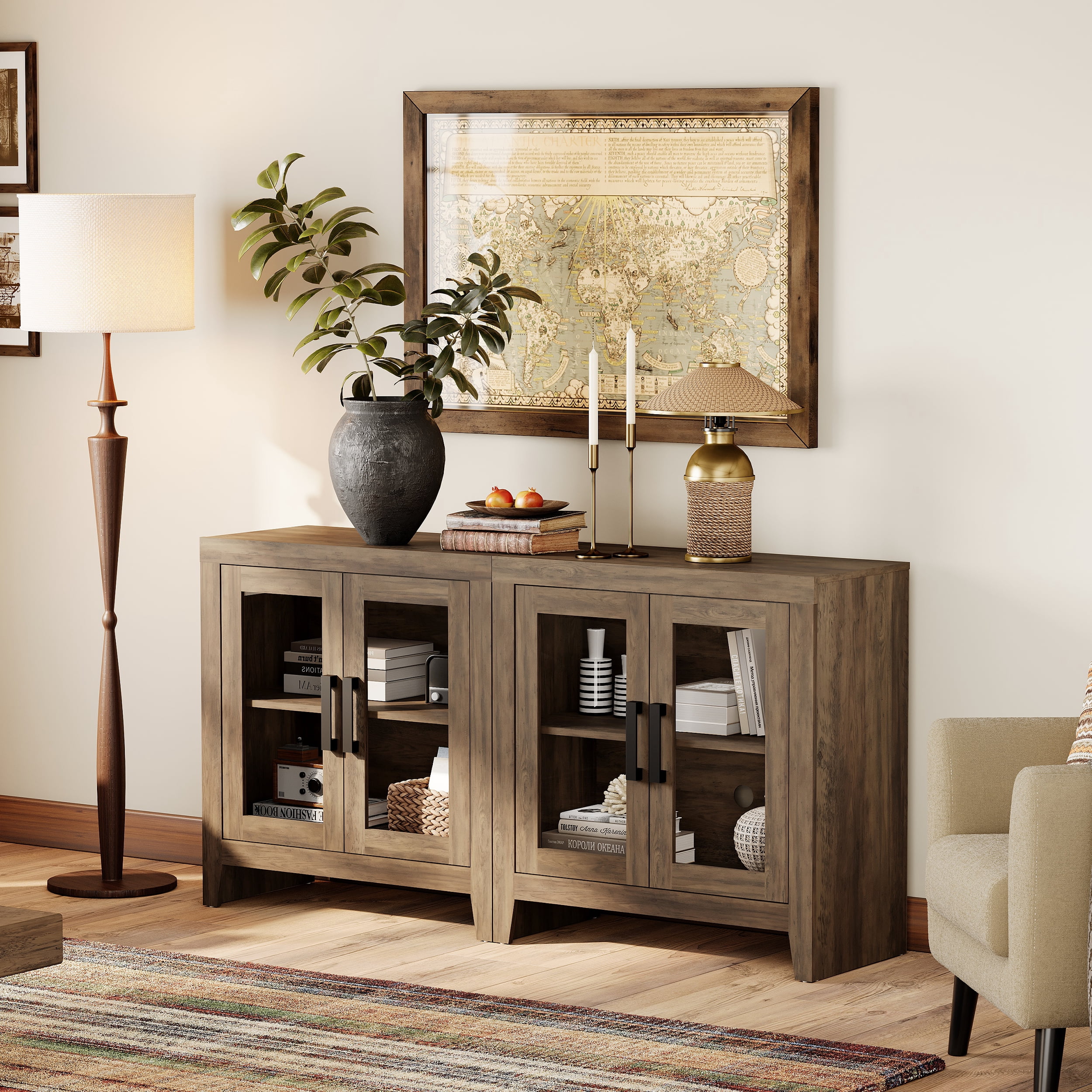 WAMPAT Modern Farmhouse TV Stand up to 70"TV, Entertainment Center with Tempered Glass Doors & Adjustable Shelves, Brown