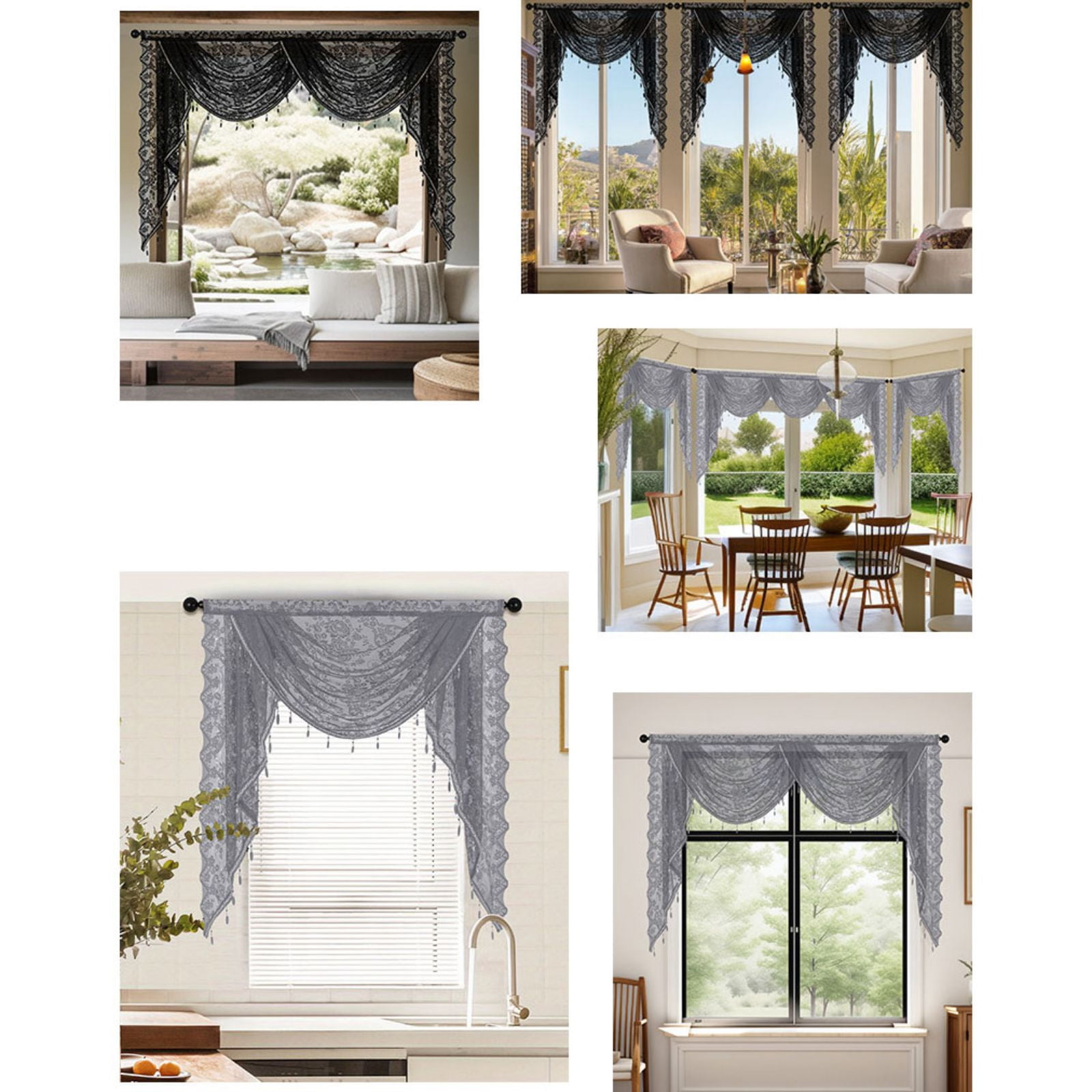 Sheer Lace Waterfall Window Valance with Bead Tassels Floral Embroidered Valance Curtains Semi Sheer Rod Pocket Valance/Swags for Bedroom/Living Room/Kitchen/Basement