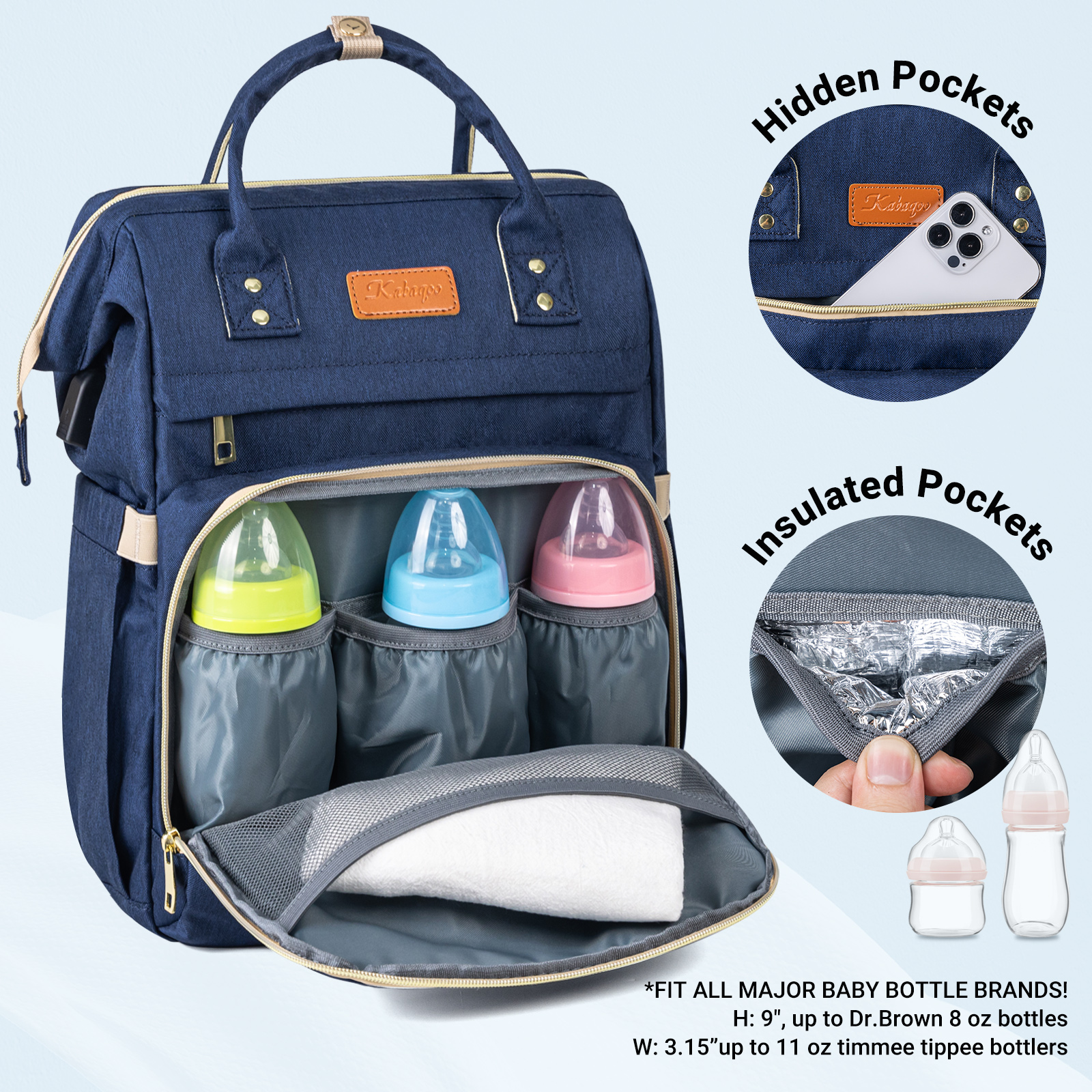 Kabaqoo Baby Diaper Bag with Charge Port, Multifunctional Diaper Backpack Newborn Essentials Gift, Blue