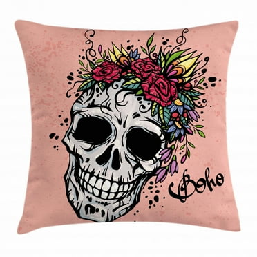 Rose Throw Pillow Cushion Cover, Day of the Dead Inspired Design of a Skull with Festive Floral Wreath Boho Style, Decorative Square Accent Pillow Case, 16 X 16 Inches, Coral Multicolor, by Ambesonne