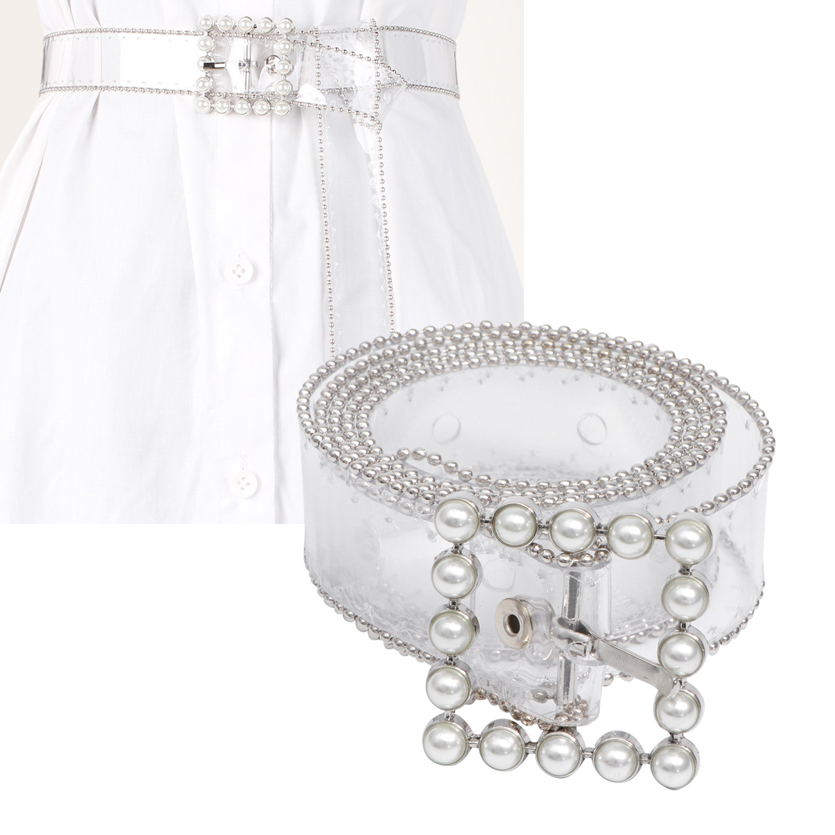 7725 1pc Transparent Waist Belt For Women Punk Style Thin With Square 1Pc Fully Transparent Narrow Waist Belt Punk Rivet Square  main image 2