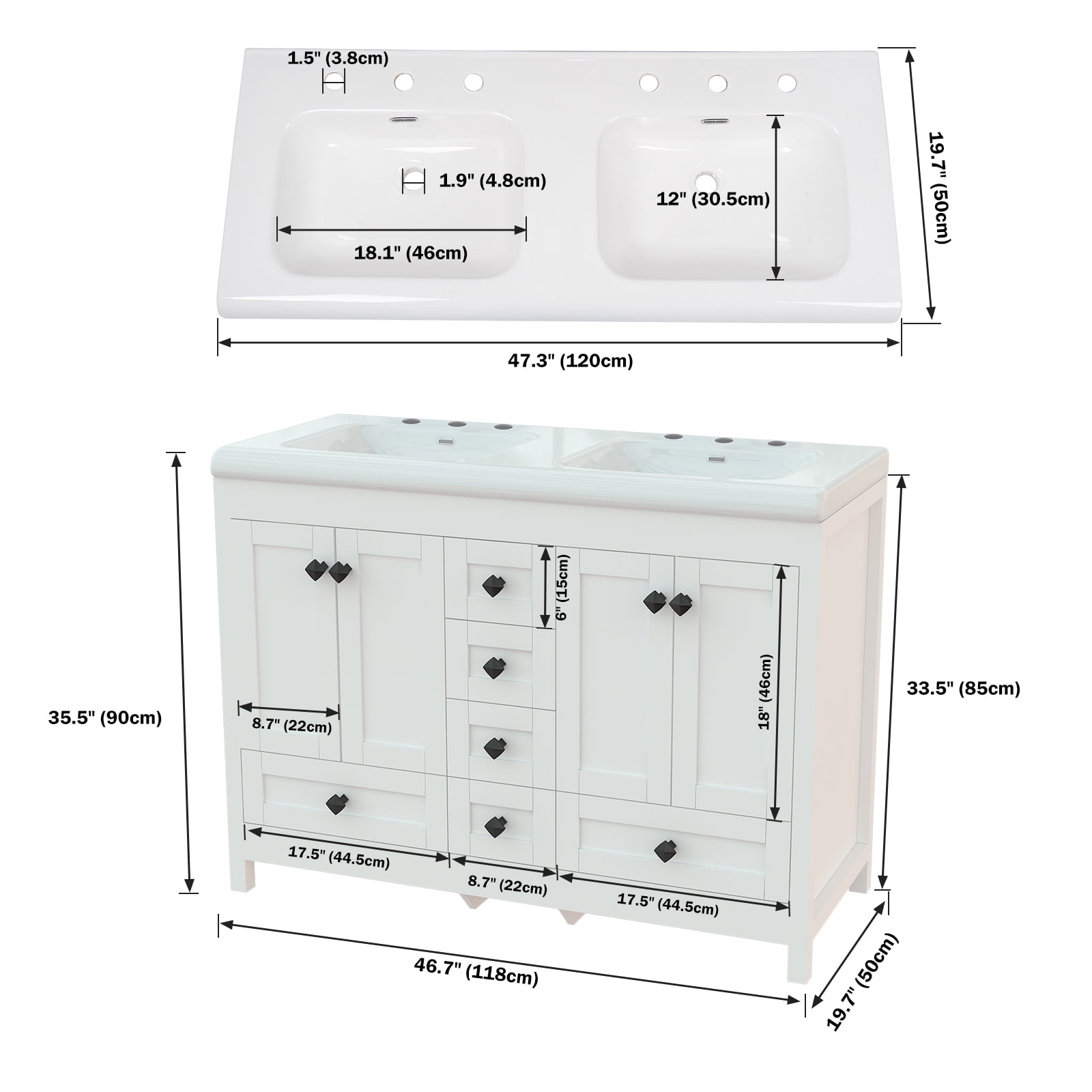 Jarbalai 47" Modern Double Sink Bathroom Vanity with 6 Drawers and Soft-Close Cabinet, White
