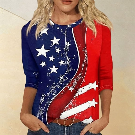 Trendfront Womens 4th of July Flag Tops Independence Day Classic Casual Fashion Crewneck T-Shirt 3/4 Sleeve Holiday Summer Tee