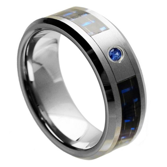 Custom Personalized Engraving Wedding Band Ring Set for Him & Her - 8mm Black & Blue Carbon Fiber Inlay