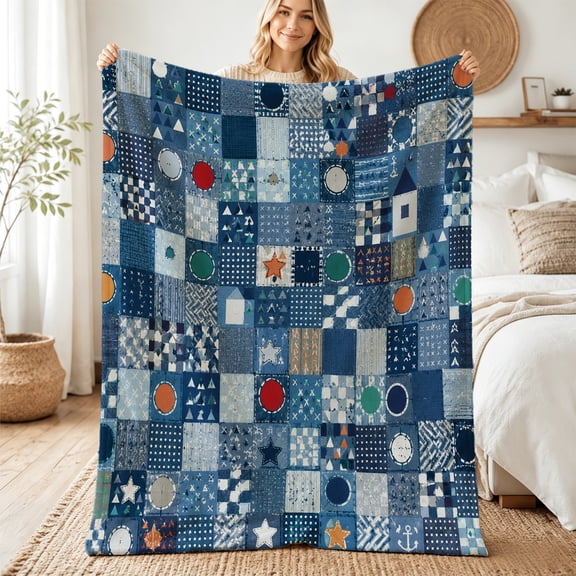 Taplcvy Indigo Mini Motif Patchwork Flannel Throw Blanket, Unique Decor Gift, 30" x 40"