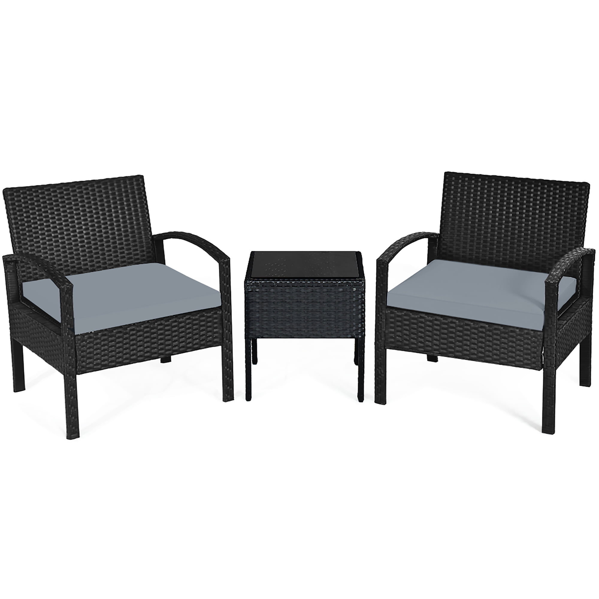 Costway 3PCS Patio Rattan Furniture Set Coffee Table Conversation Sofa Cushioned Gray