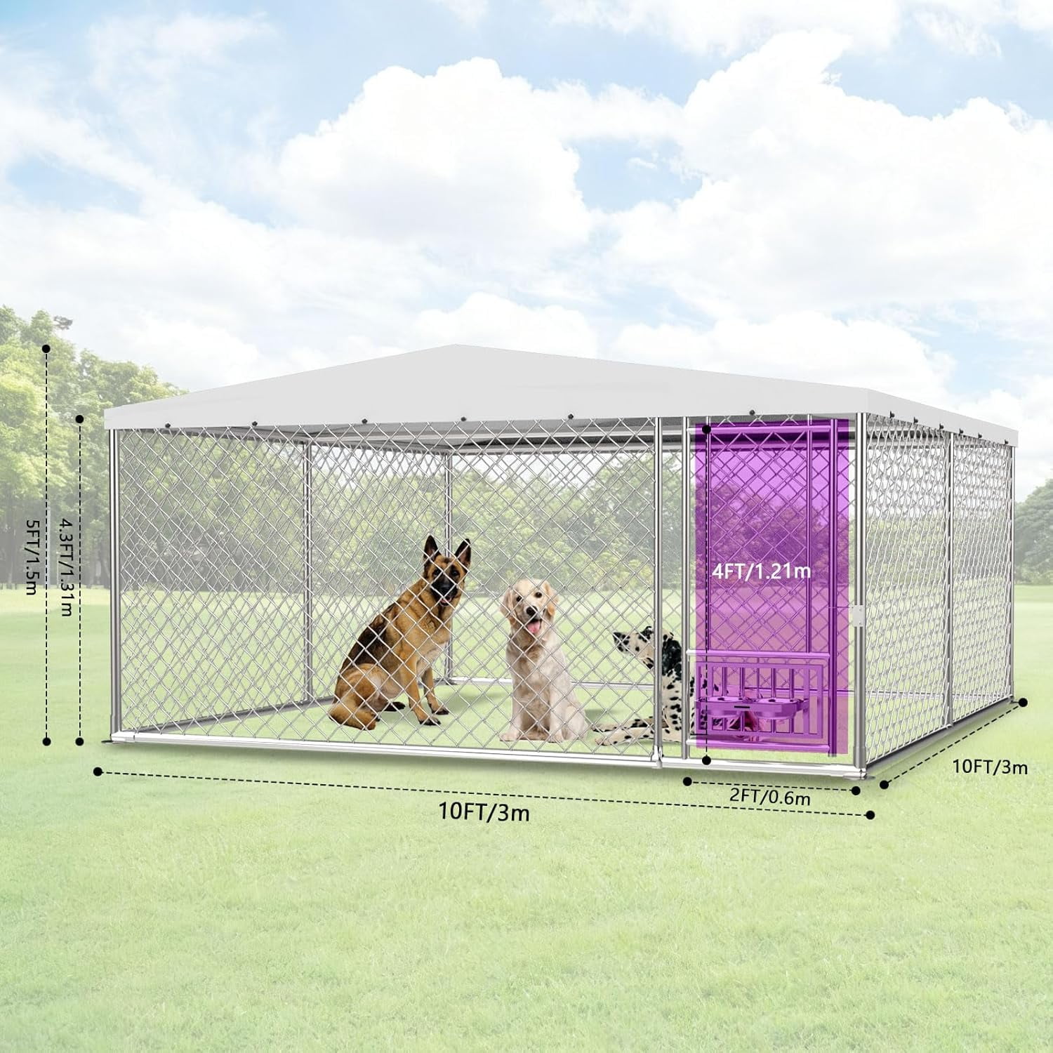 Outdoor Dog Kennel with Bowls 10x10 FT, Heavy Duty Large Outside Dog Enclosure with UV-Resistant Waterproof Sun-Proof Cover, Double Security Locks for Backyard Farm Ranch