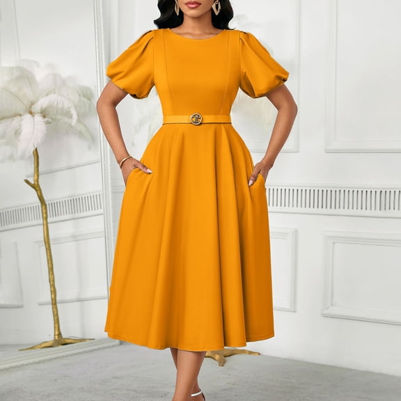 AURA Womens High Waist A Line Midi Dress Puff Sleeve Round Neck Solid Color Belted Elegant Summer Dress with Zipper