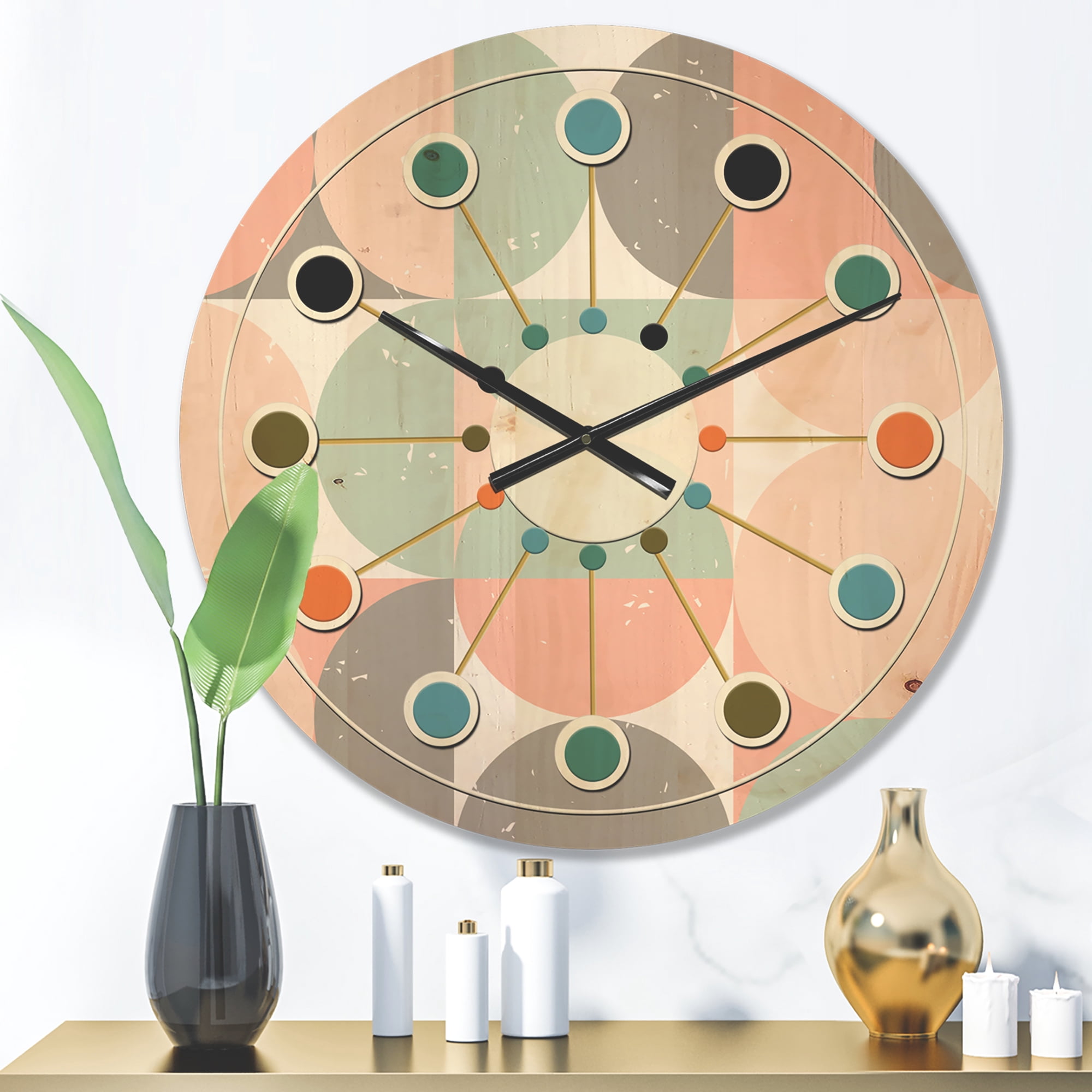 Designart 'Pastel Circular Retro Pattern II' Mid-Century Modern Wood Wall Clock