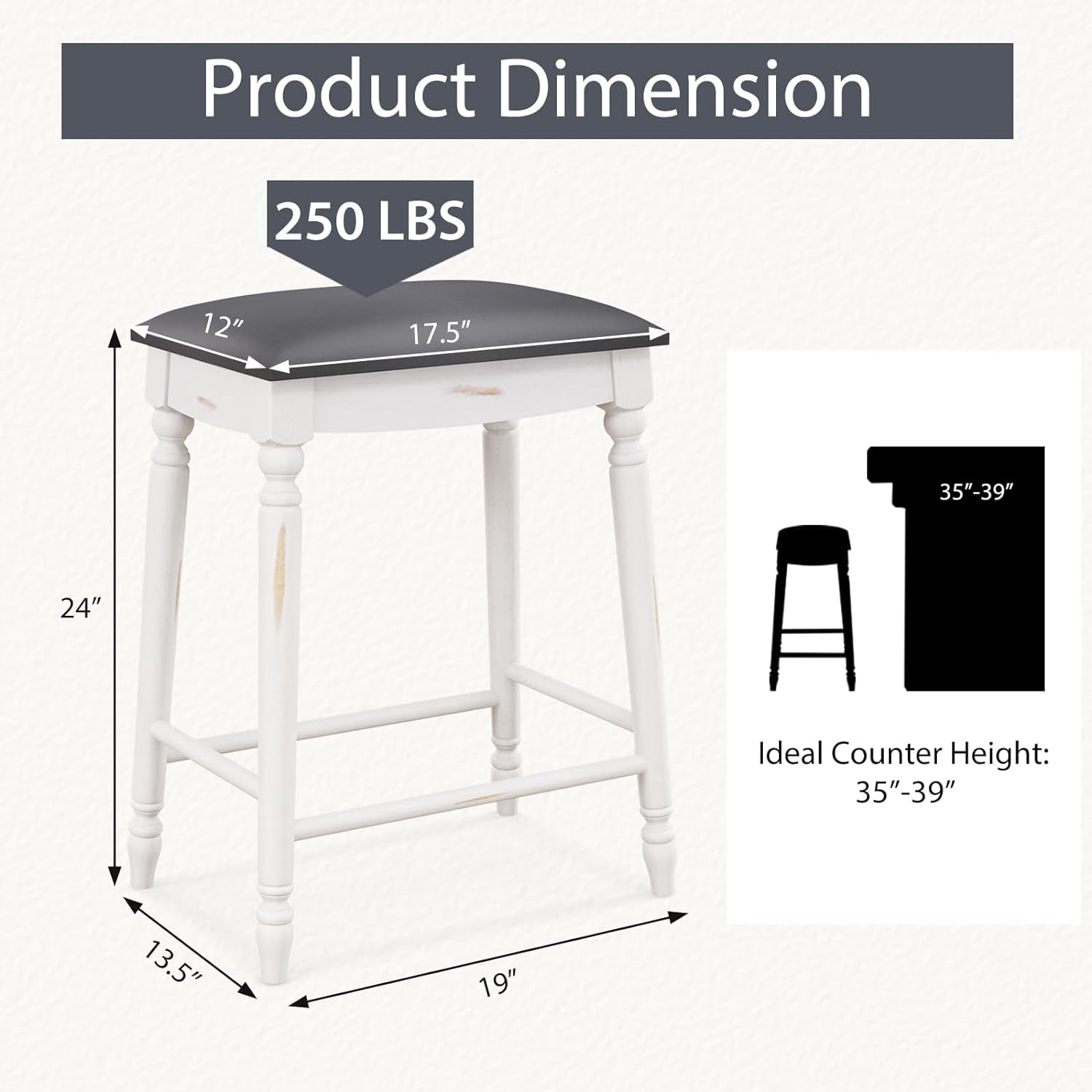2 Pcs 24'' Counter Height Bar Stool, Rubber Wood Legs, Padded Seat Upholstered Cushions