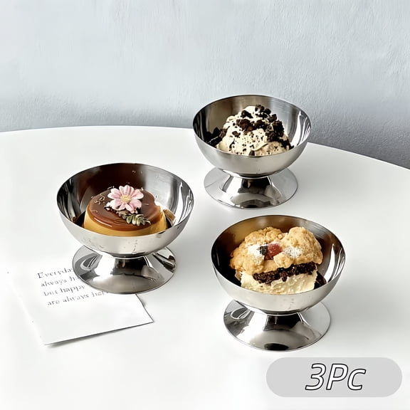 SolTerra 3-Piece 304 Stainless Steel Dessert Bowls, Elegant Low-Footed Ice Cream Cups, Rust-Resistant Metal Serving Dishes for Home and Parties