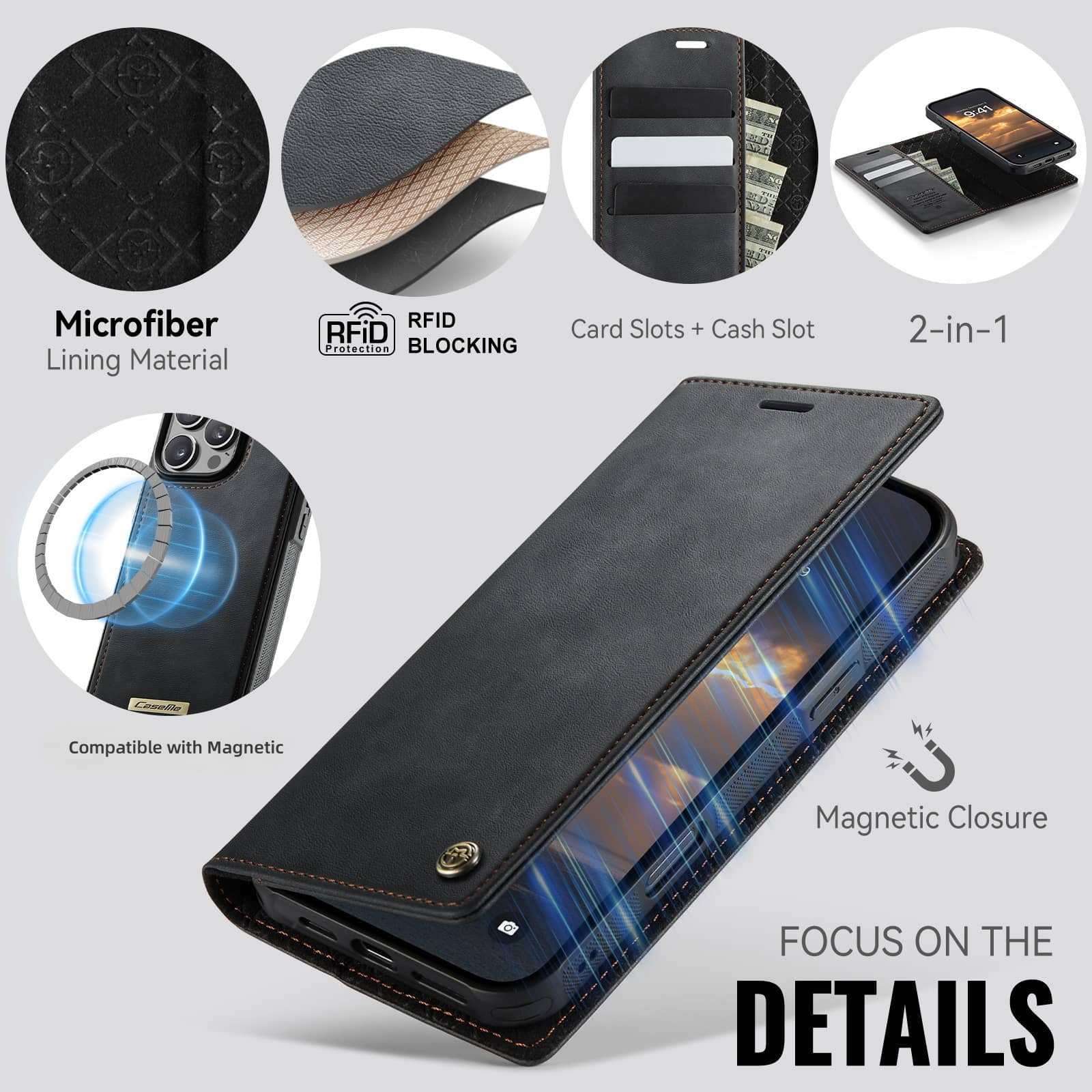 Magnetic 2 in 1 Magsafe Detachable Wallet Case for iPhone 16 Pro Max with Card Holder Women Men, Retro PU Leather【RFID Blocking】Kickstand Shockproof Cover