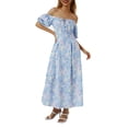 thumbnail image 4 of Gzhioc Women Casual Dress, Short Puff Sleeve Plain/Floral Square Neck High Waist Dress, Ladies Summer Long One-Piece, 4 of 9