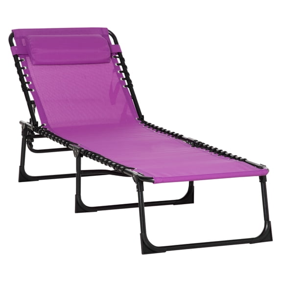 Folding Chaise Lounge Pool Chair, Patio Sun Tanning Chair, Outdoor Lounge Chair w/ 4-Position Reclining Back, Pillow, Breathable Mesh & Bungee Seat for Beach, Yard, Patio,
