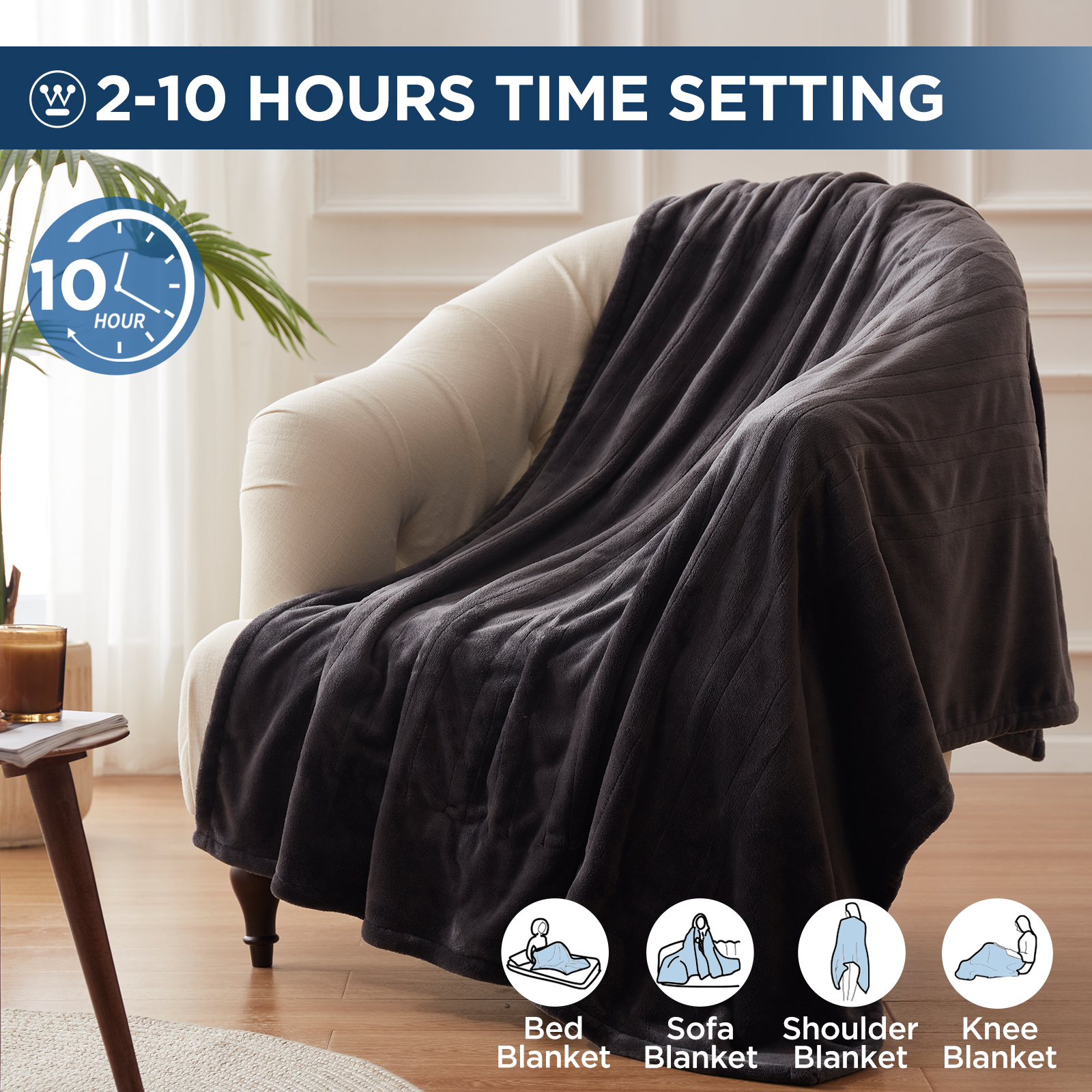 Westinghouse Electric Heated Blanket, 50" x 60" size, 6 Heating Levels & 2-10 Hour Time Setting, Soft Silky Microplush Flannel Throw Blanket, Machine Washable, Charcoal Grey
