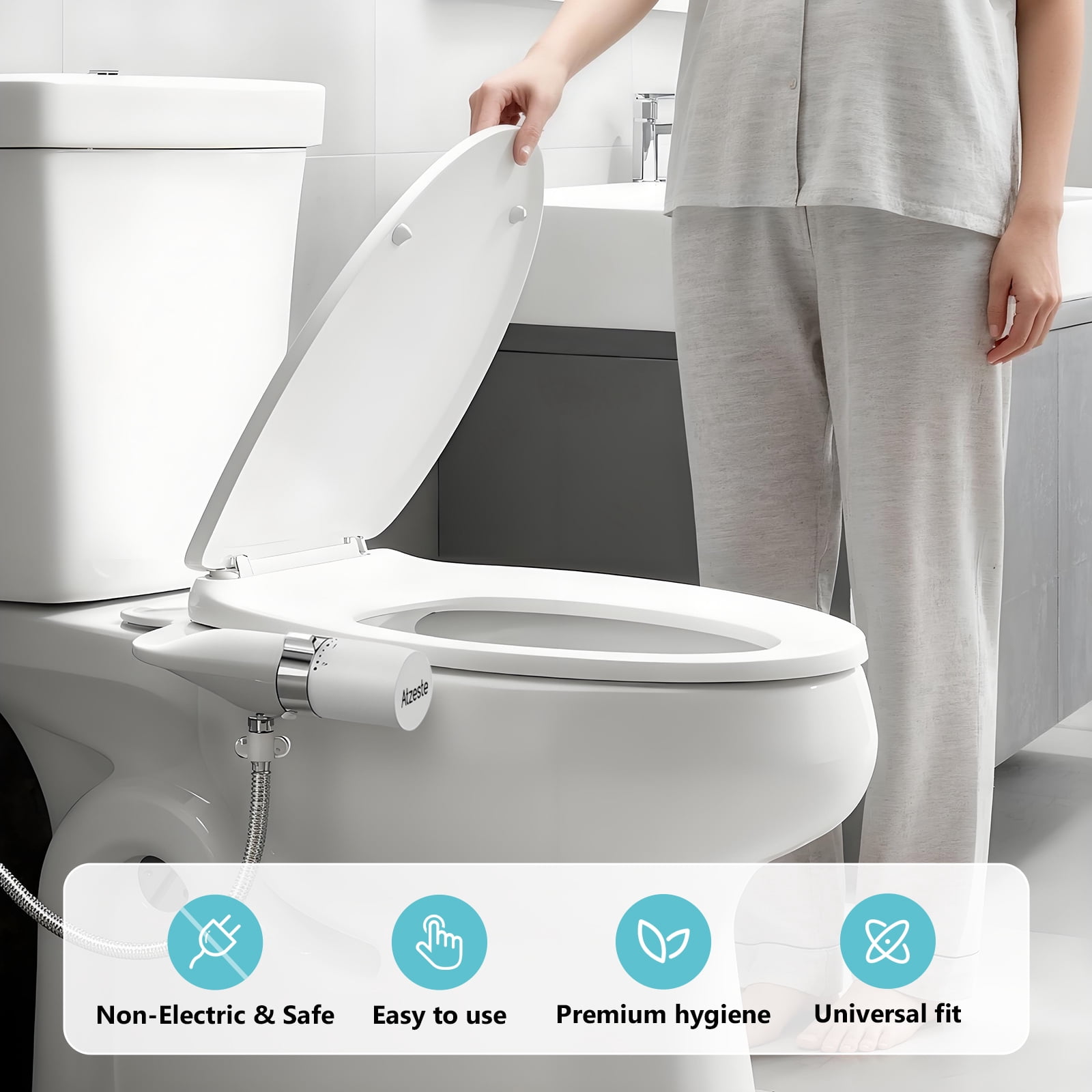 Atzeste Ultra-Slim Bidet, Non-Electric Dual Nozzle Feminine Wash Fresh Water Sprayer, Adjustable Water Pressure, Bidet for Toilet Seat Attachment, Stainless Steel Inlet Badays