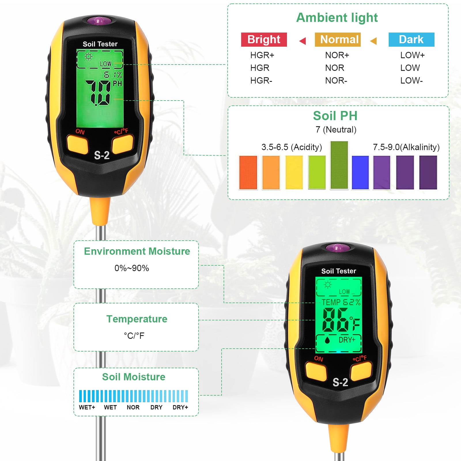 5 In 1 Soil Ph Meter Soil Moisture Monitor LCD Display PH Tester  Temperature Sunlight Intensity Testing Tool for Plants Illumination  Thermometer