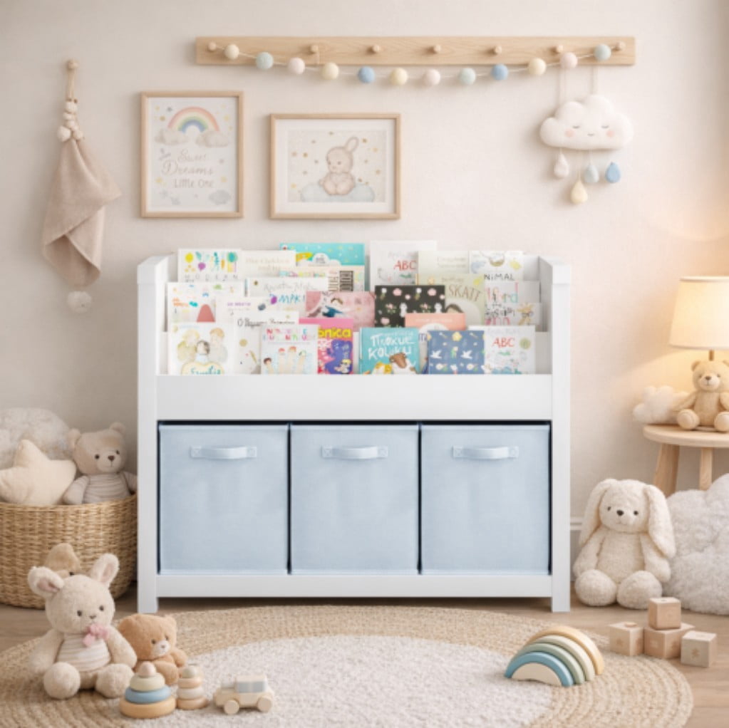 Kids Bookshelf with 3 Tier Front-Facing Storage & 3 Fabric Bins, Wooden Toddler Bookcase and Toy Organizer for Playroom, Nursery, Bedroom & Classroom