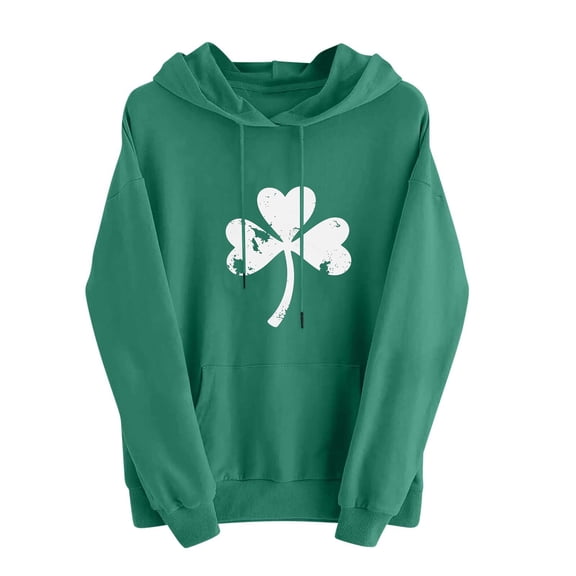 Diufon St Patricks Day Sweatshirt Women Long Sleeve Shamrock Printed Hooded Pullover Sweatshirts with Pockets