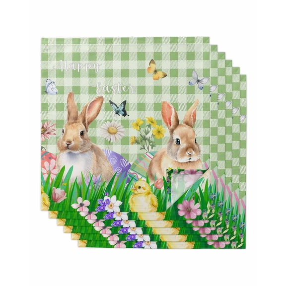 Easter Bunny Cloth Napkins Set of 6 Reusable Dinner Napkins, Spring Easter Eggs Chicken Sage Green Plaid Cocktail Napkin Washable Table Napkins for Wedding/Holiday Party/Baby Shower 20"x20"