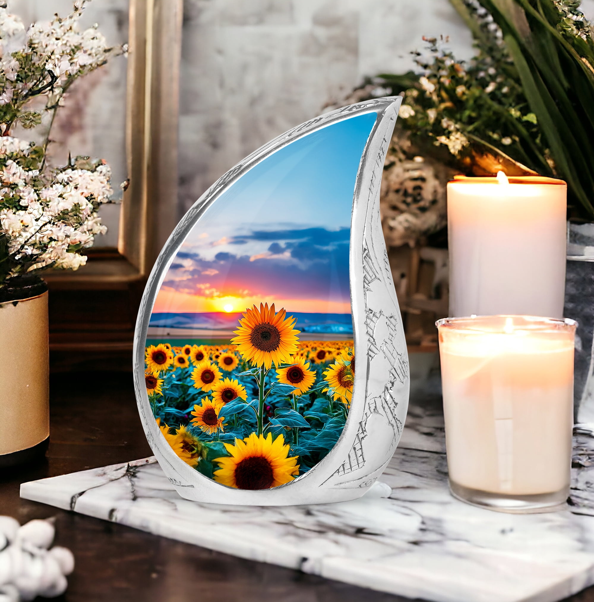 SABURIAL Sunflower Urn - Funeral Cremation Urn for Ashes - Combo 2 - Large with 3 Inch Pack of 2 - Burial Urns - Human Remains for Mom & Dad - Decorative Urns for Adult