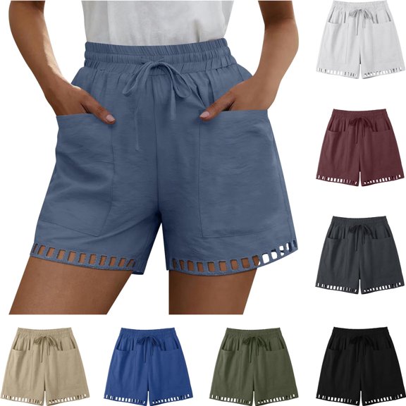 Cotton Shorts for Women Casual Summer Hollow out Hem Solid Color Breathable Lightweight Elastic Waist with Drawstring Shorts Loungeweawr Goling out Holiday Shorts with Pockets