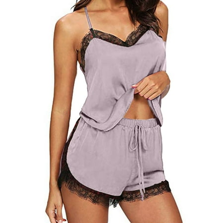 gakvbuo Plus Size Silk Satin Pajamas For Women Sleepwear Sexy Lingerie Split 2 Piece Pajamas Loungewear Set Vest Cami Top Shorts Set Babydoll Lace Up Nightwear