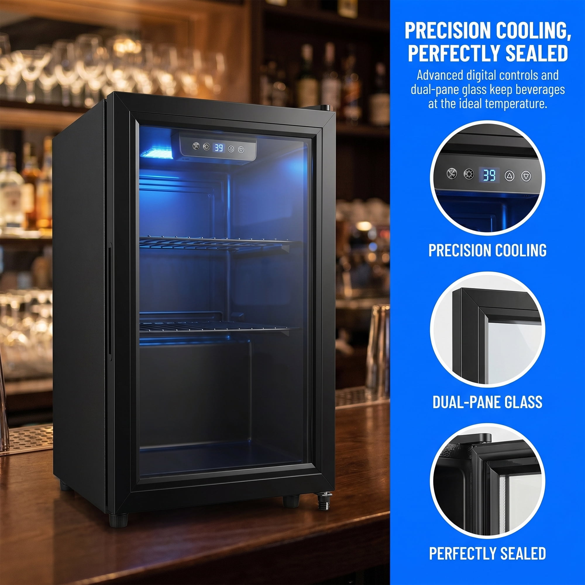 Dawmilon 1.8 Cu Ft Beverage Refrigerator, 70 Can Mini Fridge with Glass Door, Digital Temperature Control, Adjustable Shelves, Quiet Cooler for Beer Soda Wine, Office Dorm