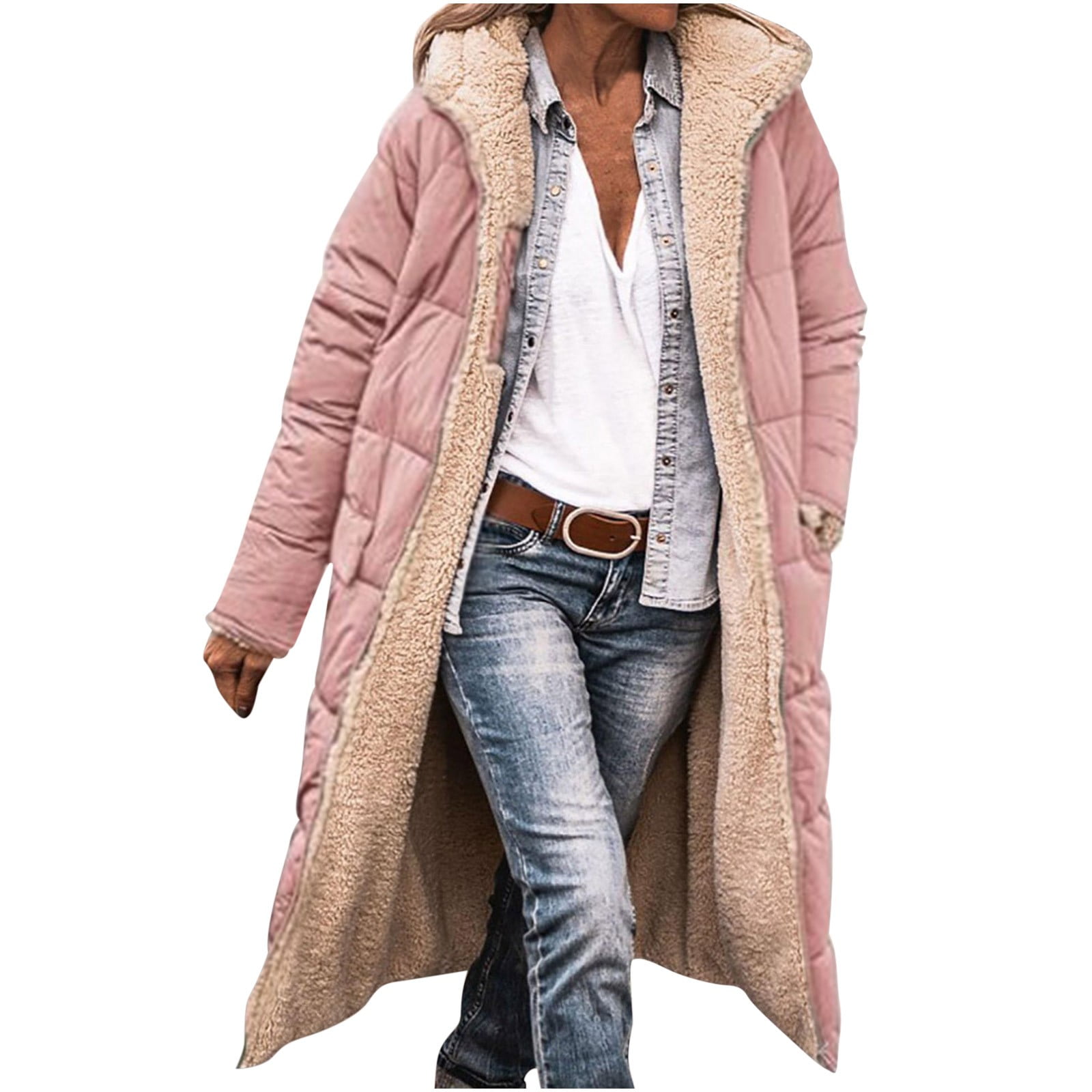 zanvin Women s Winter Hooded Quilted Coat Fleece Lined Long Puffer Jacket Winter Fashion Warm Reversible Zip Up Padded Coat Pink XL Walmart