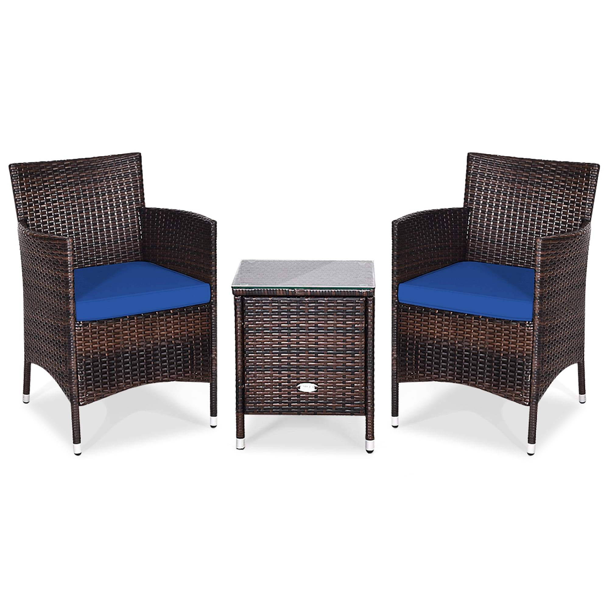 Gymax 3PCS Patio Rattan Chair & Table Furniture Set Outdoor w/ Navy Cushion