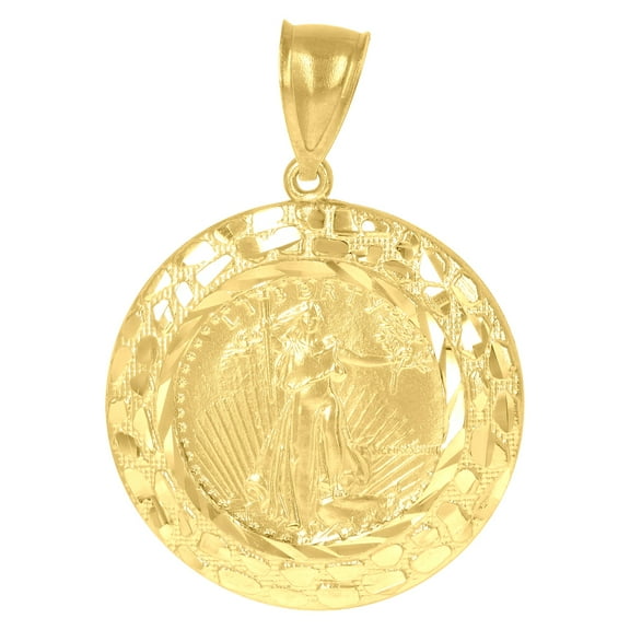 10k 10Kt Yellow Gold Diamond-Cut Mens Lady Liberty Medallion Charm Pendant
