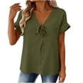 thumbnail image 4 of MaFYtyTPR Women's Summer V-Neck Blouse Fashion Solid Color Short Sleeve Tie Front Loose Fit Casual Tops A-Army Green L, 4 of 5