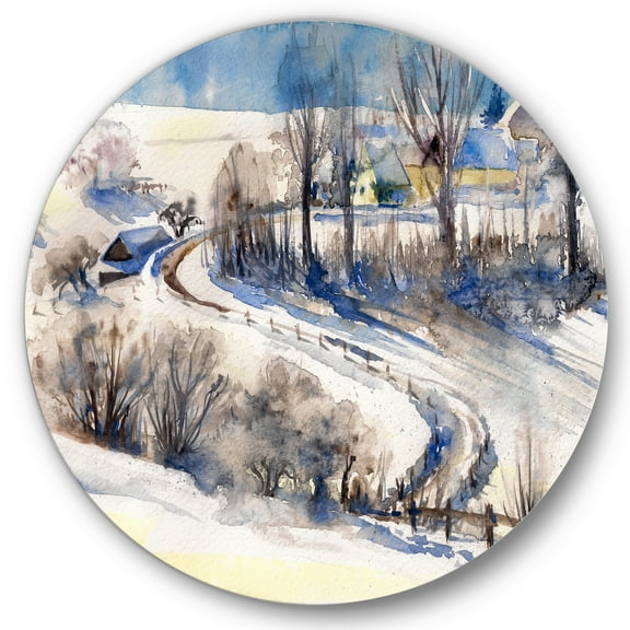 Designart 'Country Road In Winter Times Landscape I' Traditional Circle Metal Wall Art 36x36 - Disc of 36