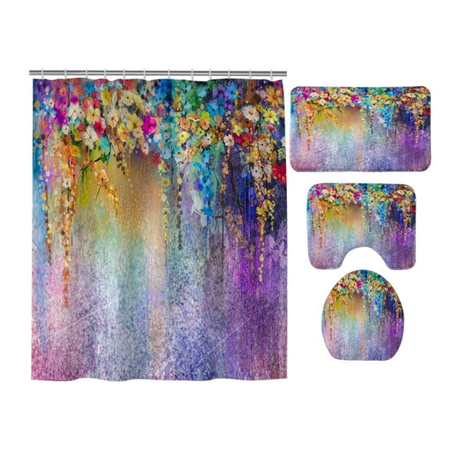 Christmas Shower Curtain Partition Anti Mold Printed Shower Curtain Polyester Bathroom Shower Curtain Floor Mat 4-Piece Set Partition Curtain 180X180Cm Christmas Bathroom Sets