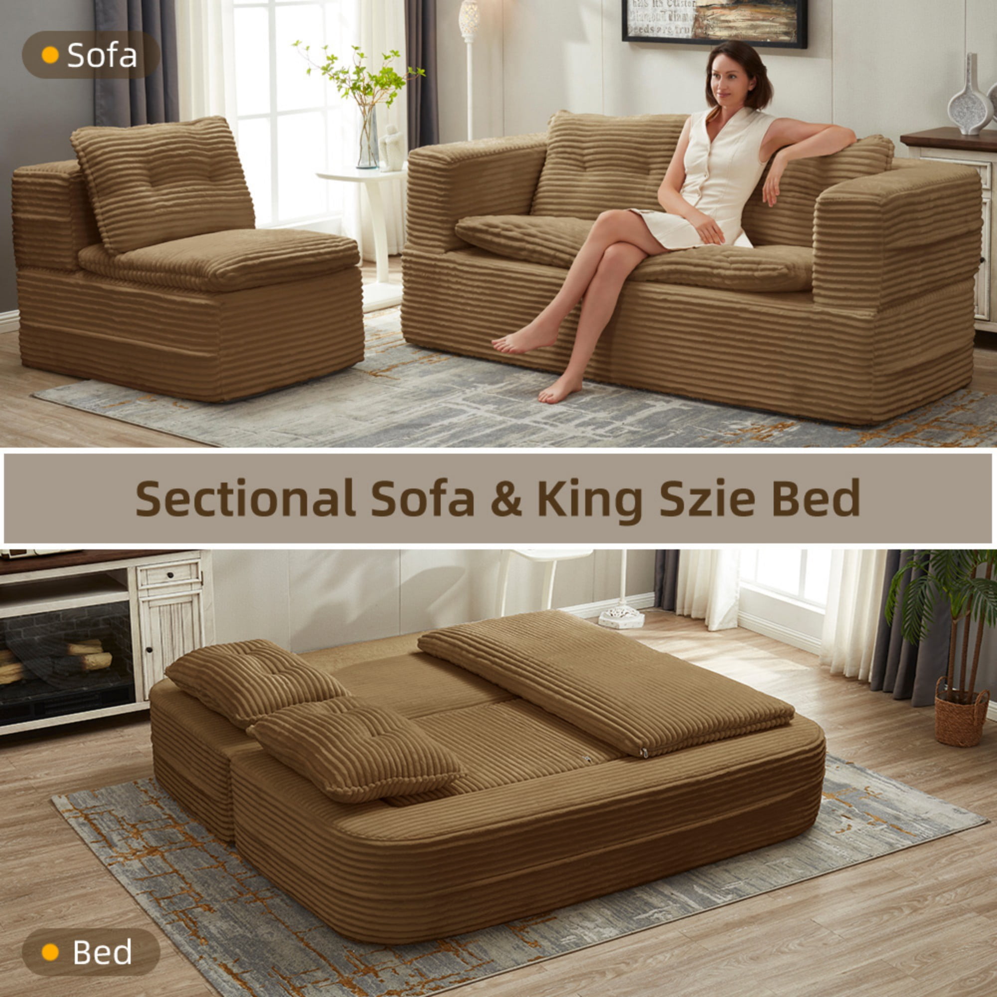 80" King Size Convertible Sleeper Sofa Bed with Independent Chaise Lounge,Multifunctional Plush Corduroy Sectional Sofa Couch for Living Room,Bedroom,Camel