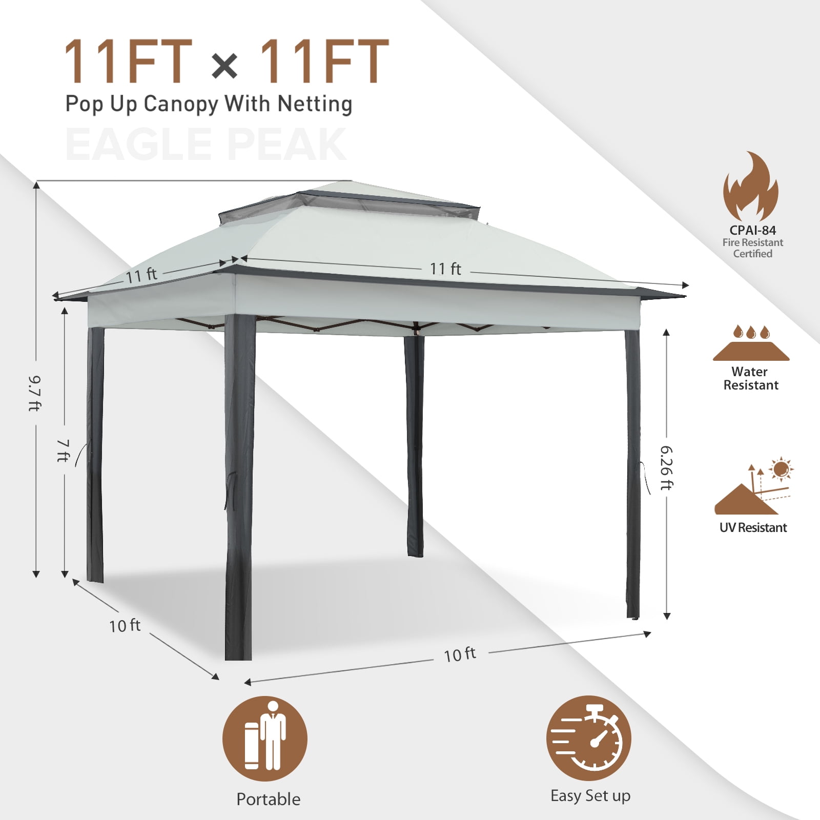 EAGLE PEAK Gazebo 11'x 11' Straight Leg Pop-Up Canopy(Gray)