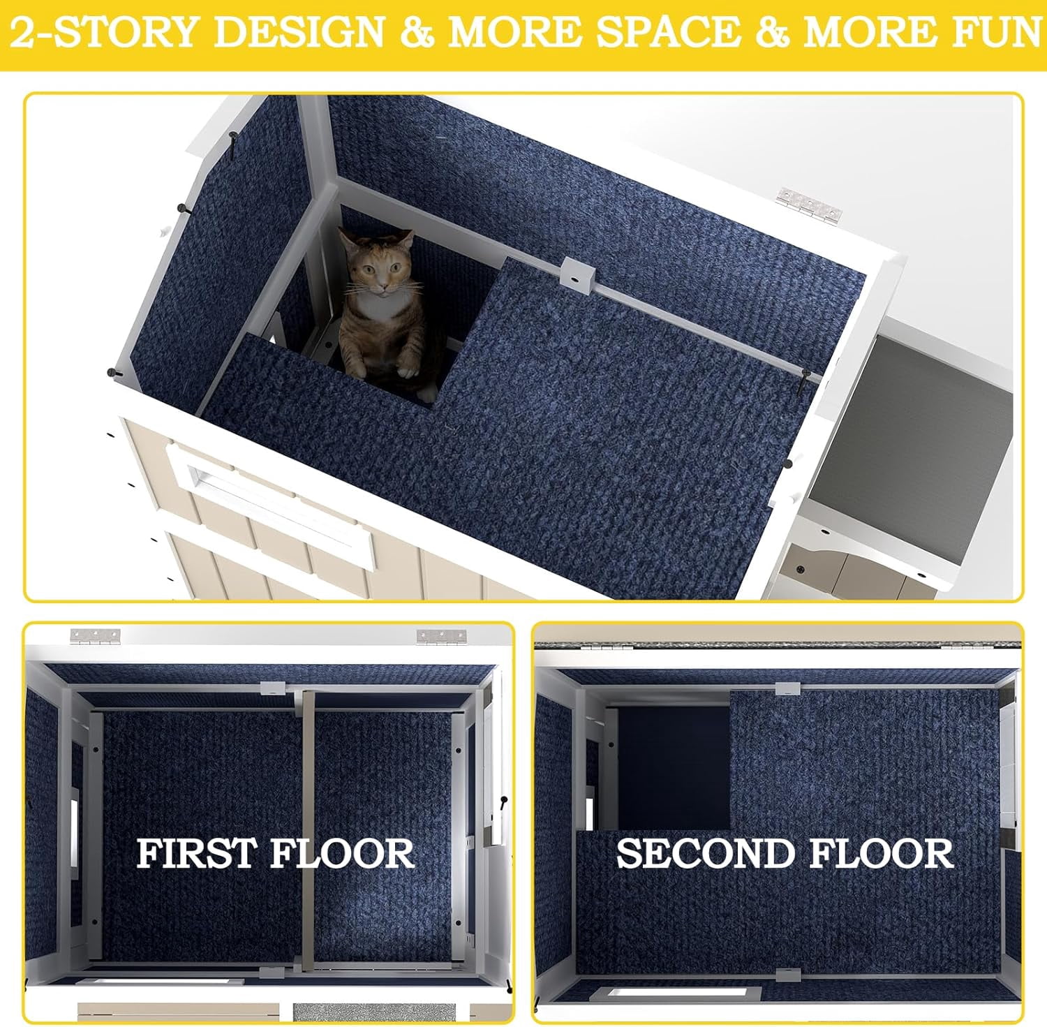 Petsblublu Insulated Outdoor Wooden Two Story Cat House Weatherproof Cats Shelter with 3 Jumping Platforms, Grey