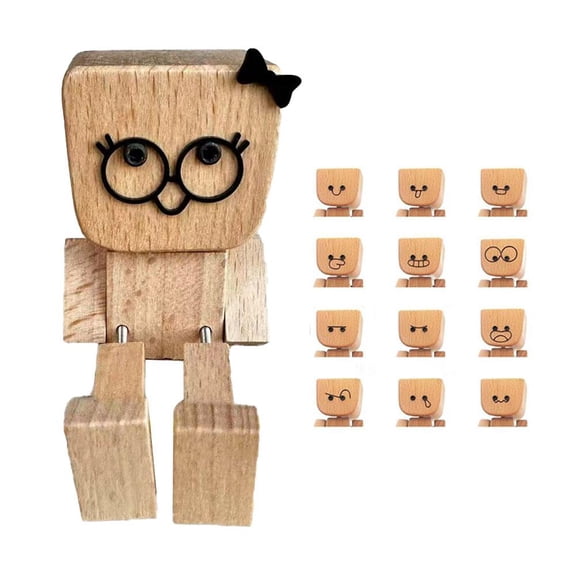 Shaking Feet Wooden Doll with 12pcs Magnetic Expressions,Shaking Wooden Man Figurine Dashboard,Motion-Activated For Car Dash