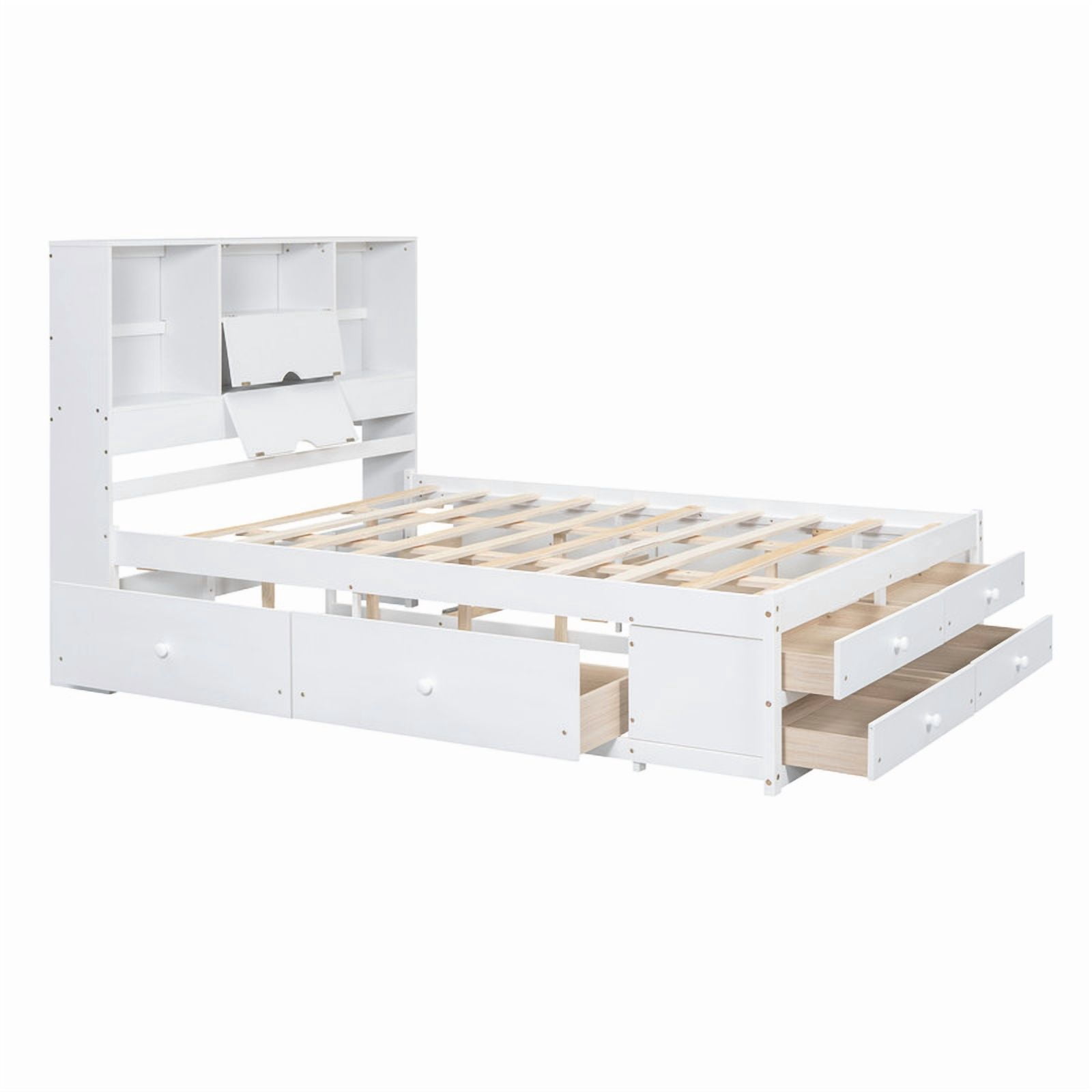 Queen Size Platform Bed with Bookcase Headboard, Storage Wooden Bed Frame with 8 Drawers