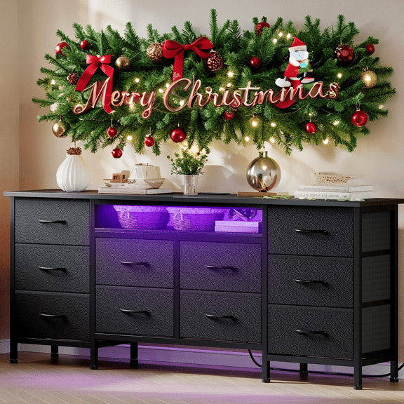 Luku 63" Long Dresser with 10 Fabric Drawers, LED Light & Charging Station, Wide Storage Organizer Cabinet for Bedroom, Closet, Living Room