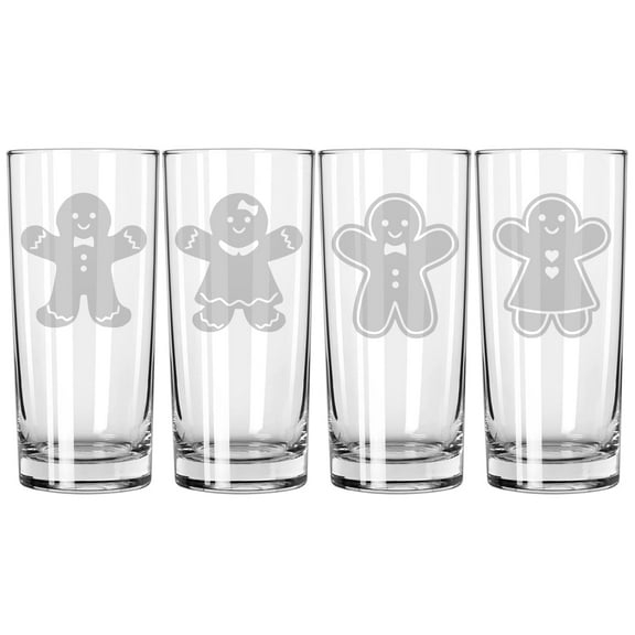 Set of 4 Highball 15 oz Tall Beverage Drinking Glass Tumbler Gift Gingerbread Christmas Collection